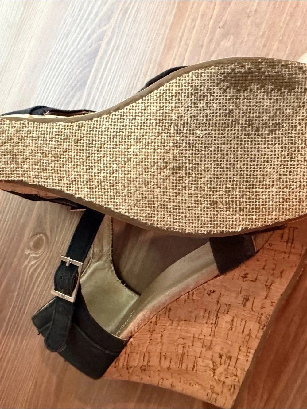 Women's Black Cork Wedge Sandals with Ankle Strap